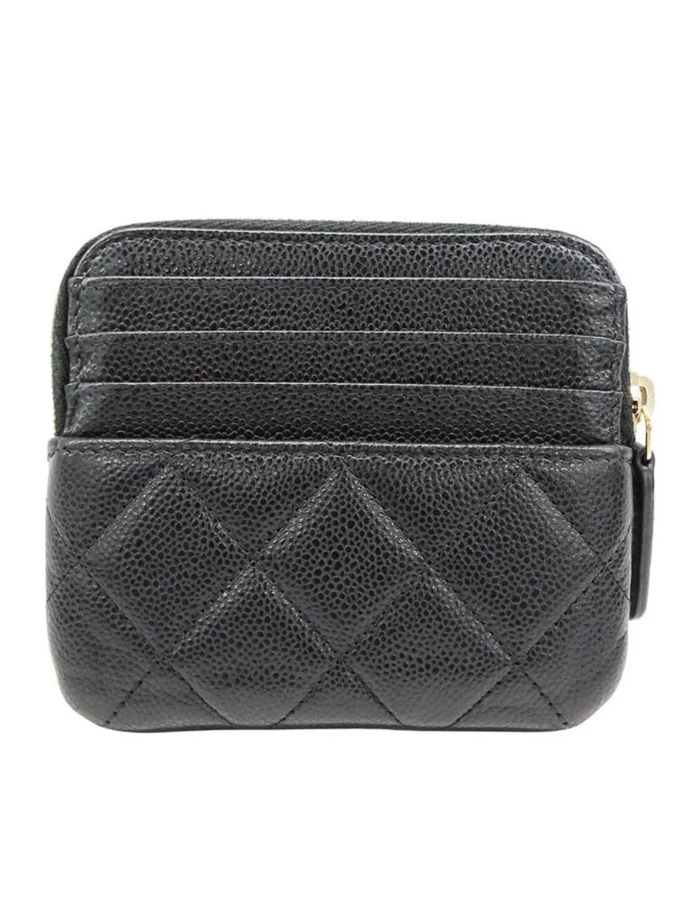 Chanel Wallet Coin Case Quilted Caviar Leather Fragment Black Gold Mini Compact